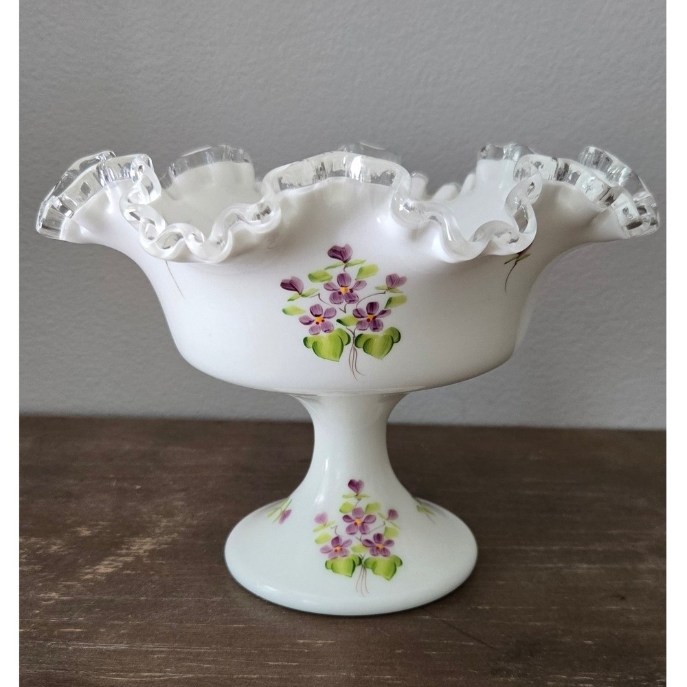 Vtg Fenton hand painted Violets In The Snow Milk Glass Ruffled Pedestal Bowl